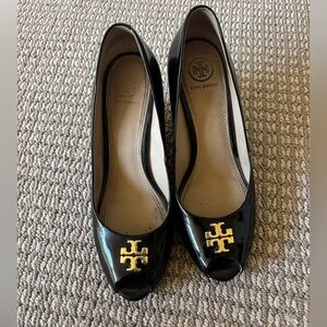 Tory Burch Black Patent Wedge Heel with Gold Logo